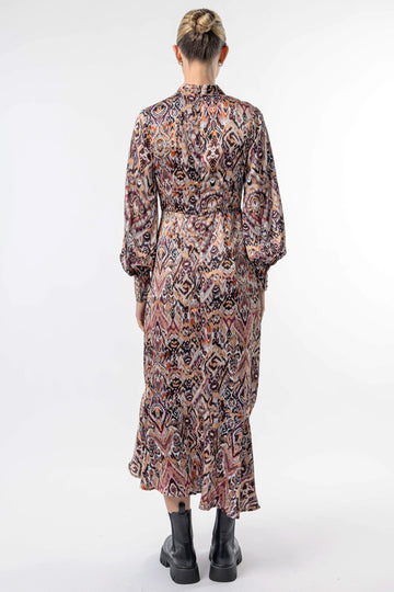 High Neck Long Tea Satin Dress in Tan Boho Print ANGELEYE